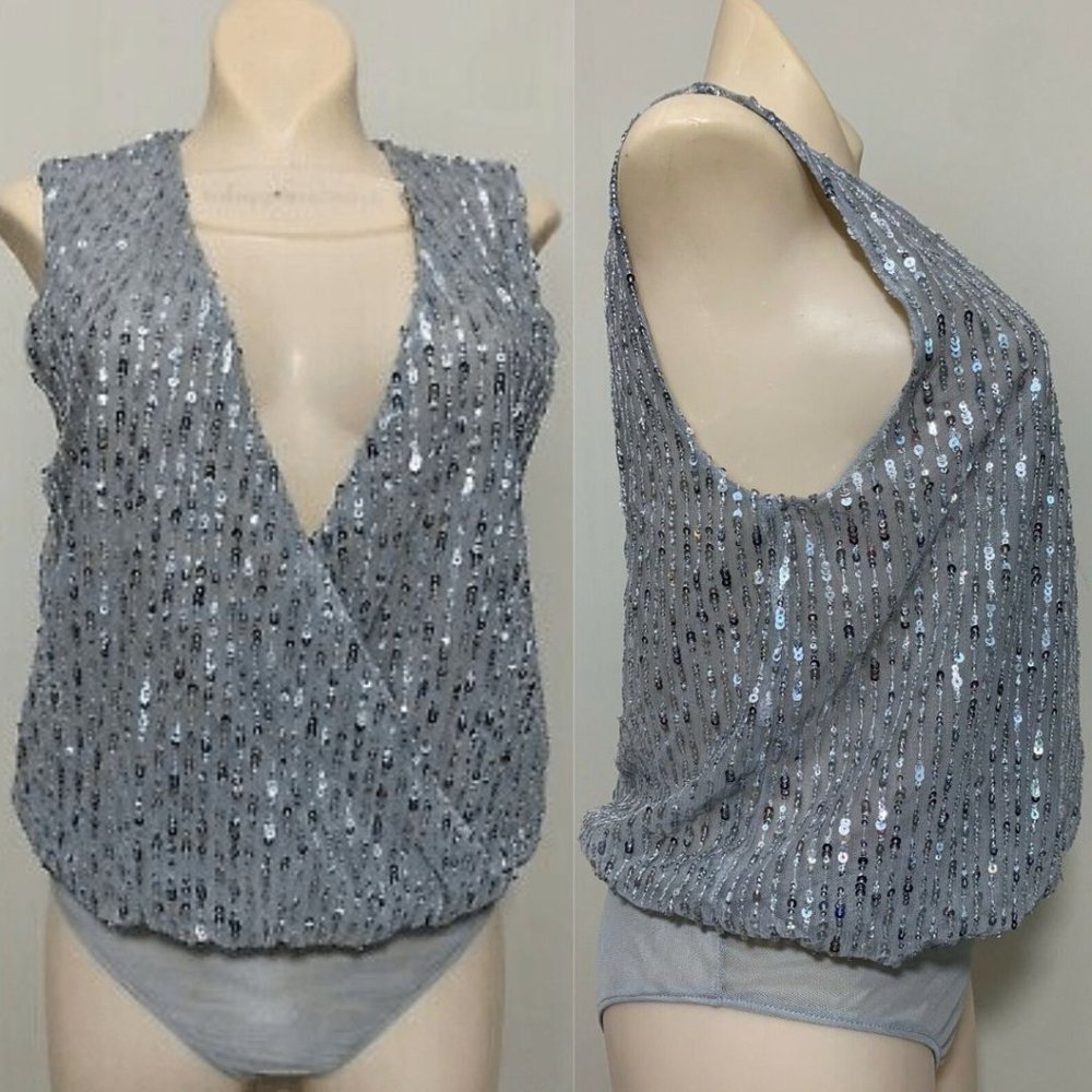 ZARA Sleeveless Plunging Overlap Neckline Sequin Bodysuit Size Small